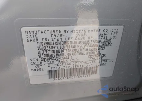 2024 Nissan Kicks Sv Xtronic Cvt z USA, uszkodzony, nr VIN 3N1CP5CV0RL547415